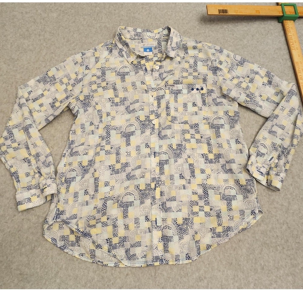 Columbia Shirt Mens Medium Blue Yellow Geometric Long Sleeve‎ Button Up Pocket